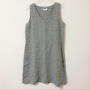 FLAX Linen Sleeveless V Neck Shift Dress Textured Plaid Blue Tan Size Medium